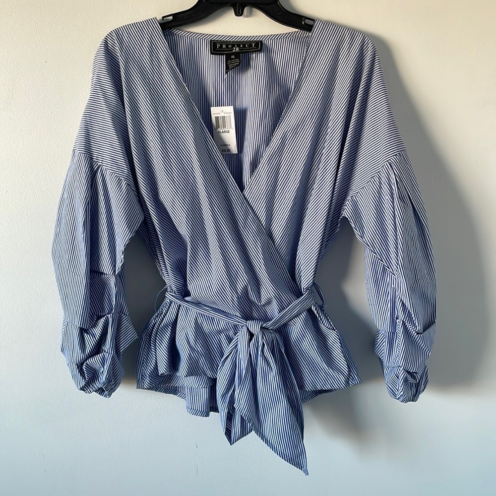 Cute Belted Deep V-neck Striped Blouse